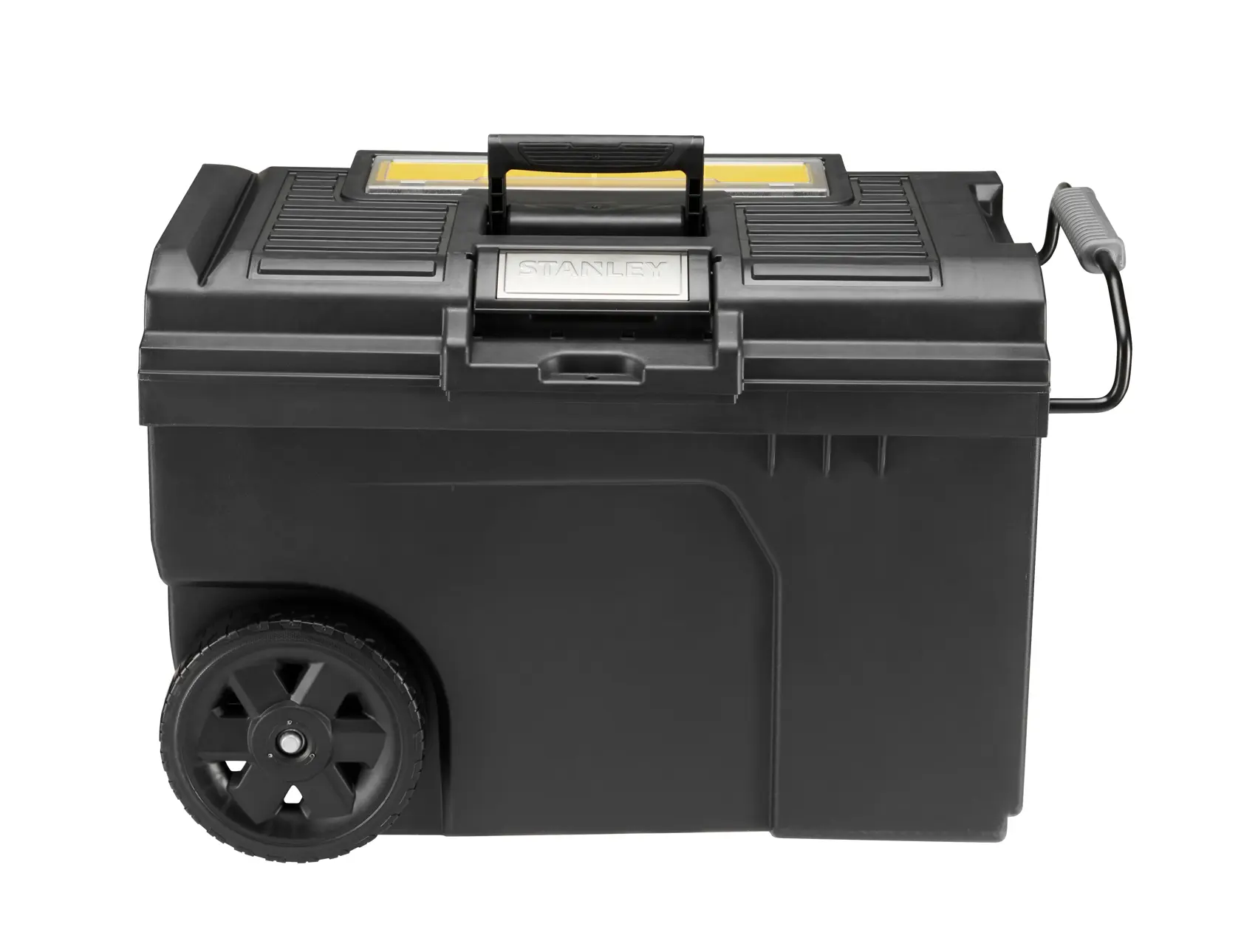STANLEY STST1-70715 large black wheeled toolbox, front angle, with top handle and side pull handle.