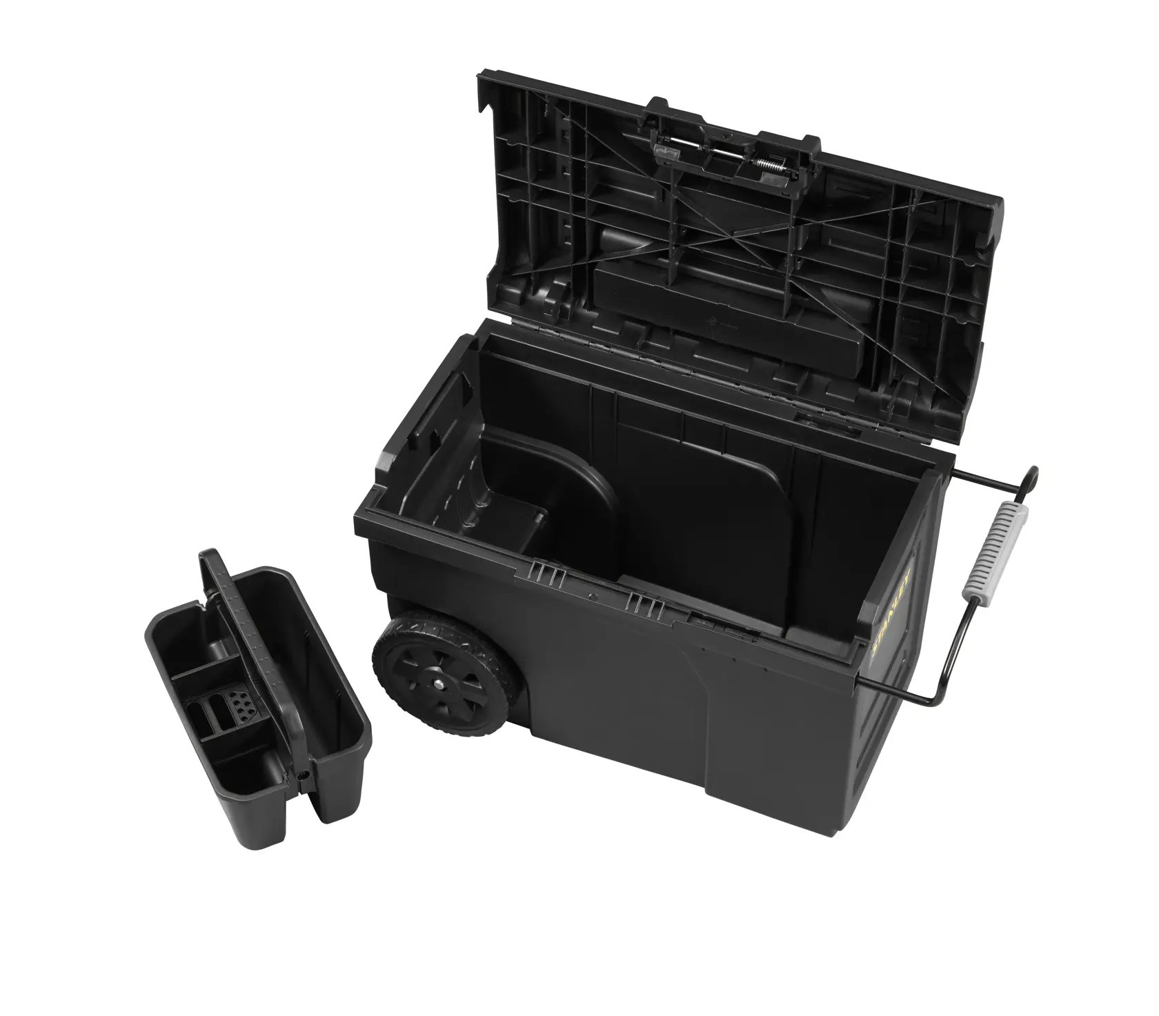 STANLEY STST1-70715 black wheeled toolbox with open lid and removable tray, front angle photo.