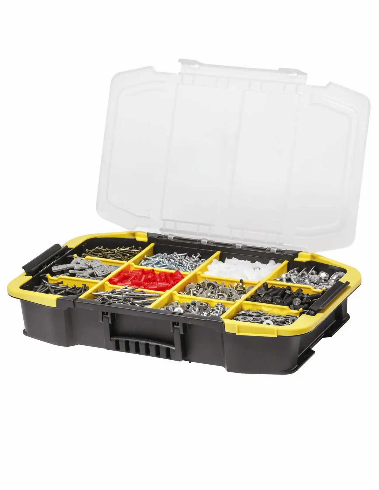 Plastic organizer box with open lid, divided compartments holding screws and hardware.