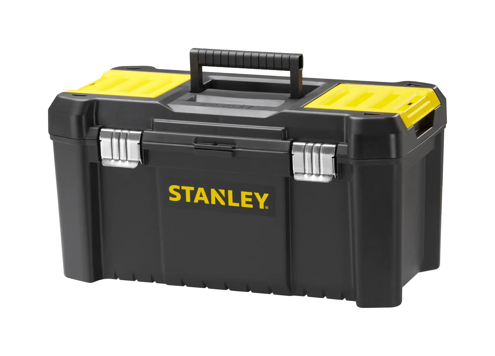 STANLEY black toolbox for photography, SKUs STST1-75521, STST1-75521-KR, with yellow accents and handle.