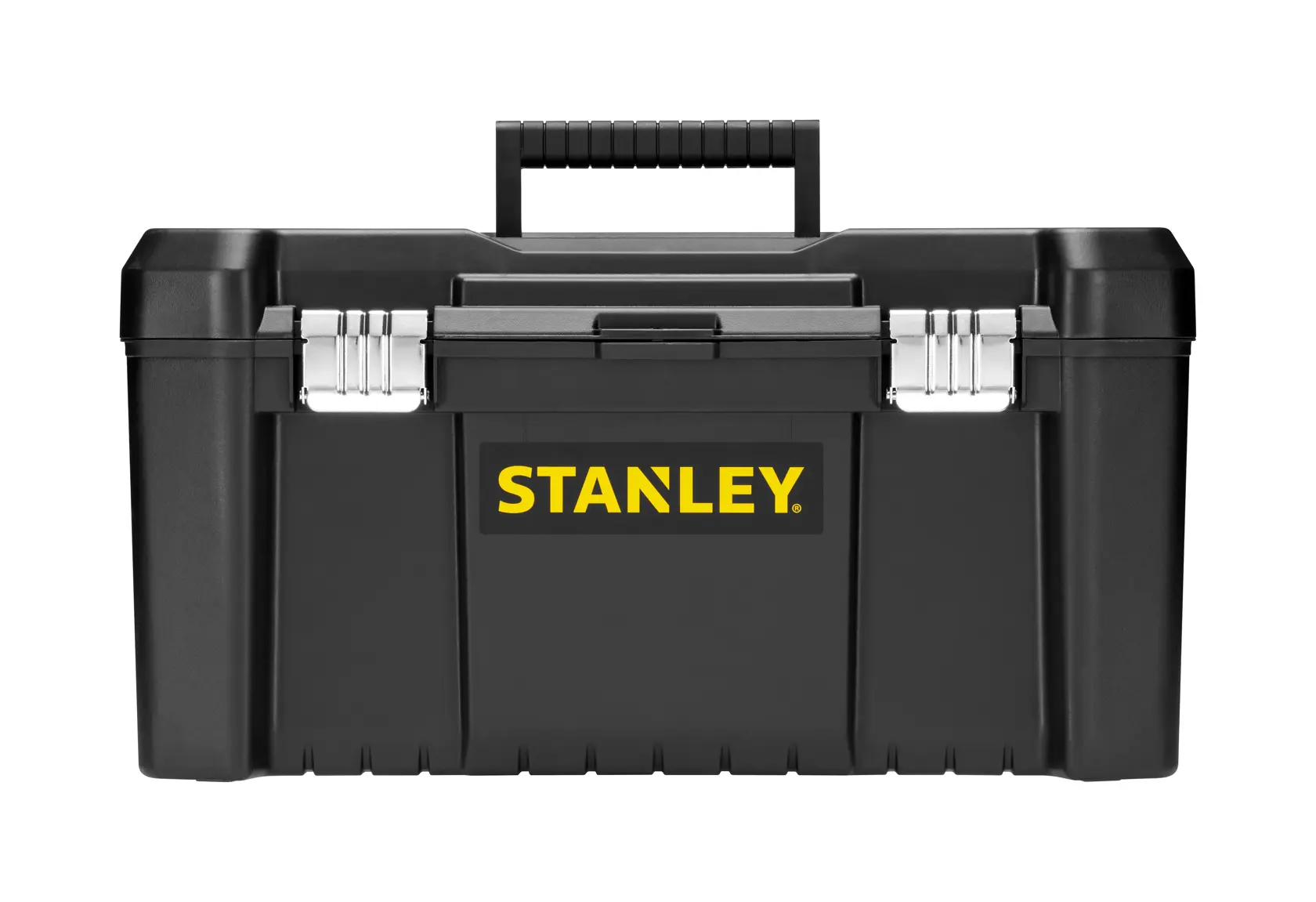 STANLEY STST1-75521 black plastic toolbox with metal latches, front angle, white background.