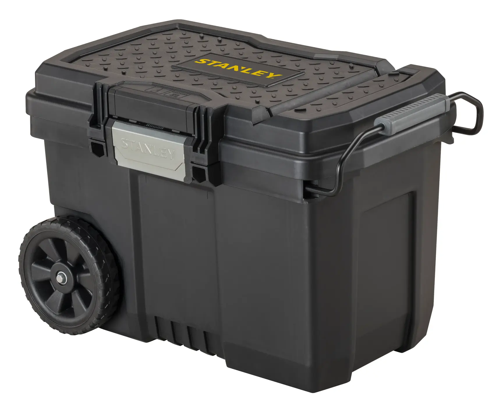 Photo of STANLEY STST33090-1 black wheeled tool box with metal latch and textured lid, front angle.