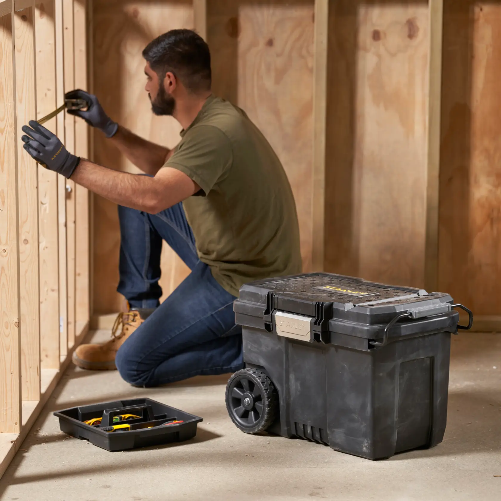 STANLEY STST33090-1 rolling tool box in workshop with tray and user measuring wood studs