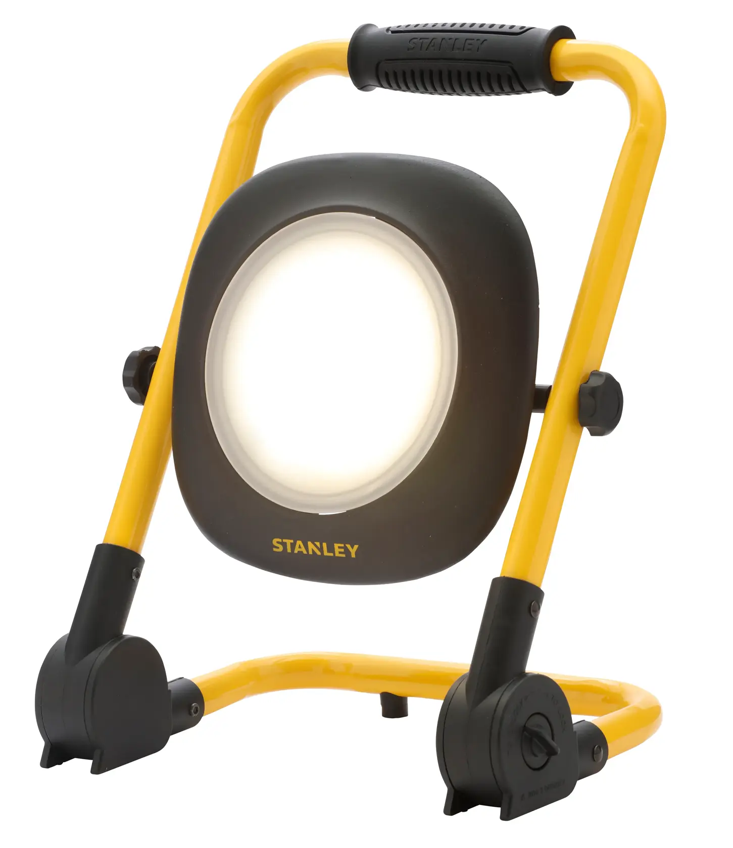 STANLEY SXLS35527E LED work light with yellow frame, black handle, front angle, photography on white background.