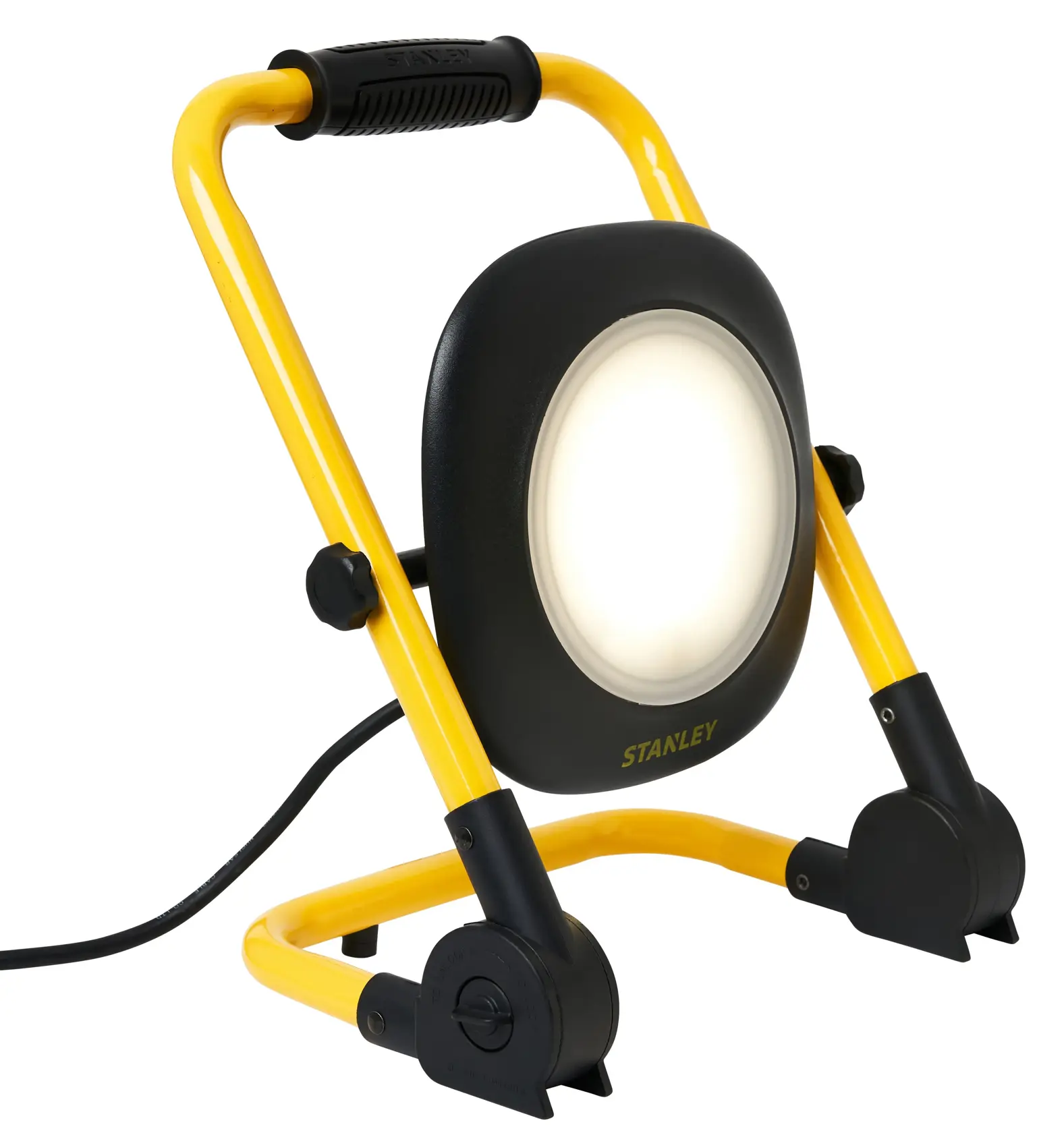 STANLEY SXLS35527E work light with yellow frame, black handle, and circular LED panel, front angle, white background.