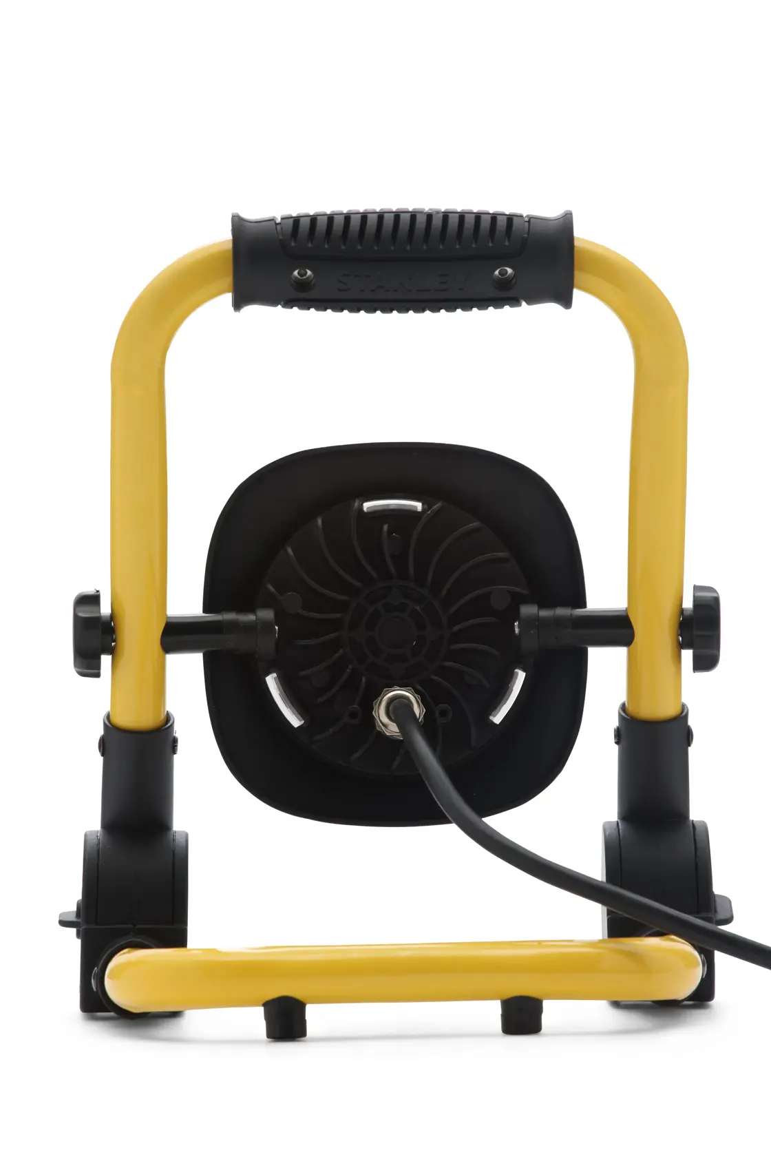 Photo of STANLEY SXLS35527E portable work light, rear view, yellow frame and black handle.