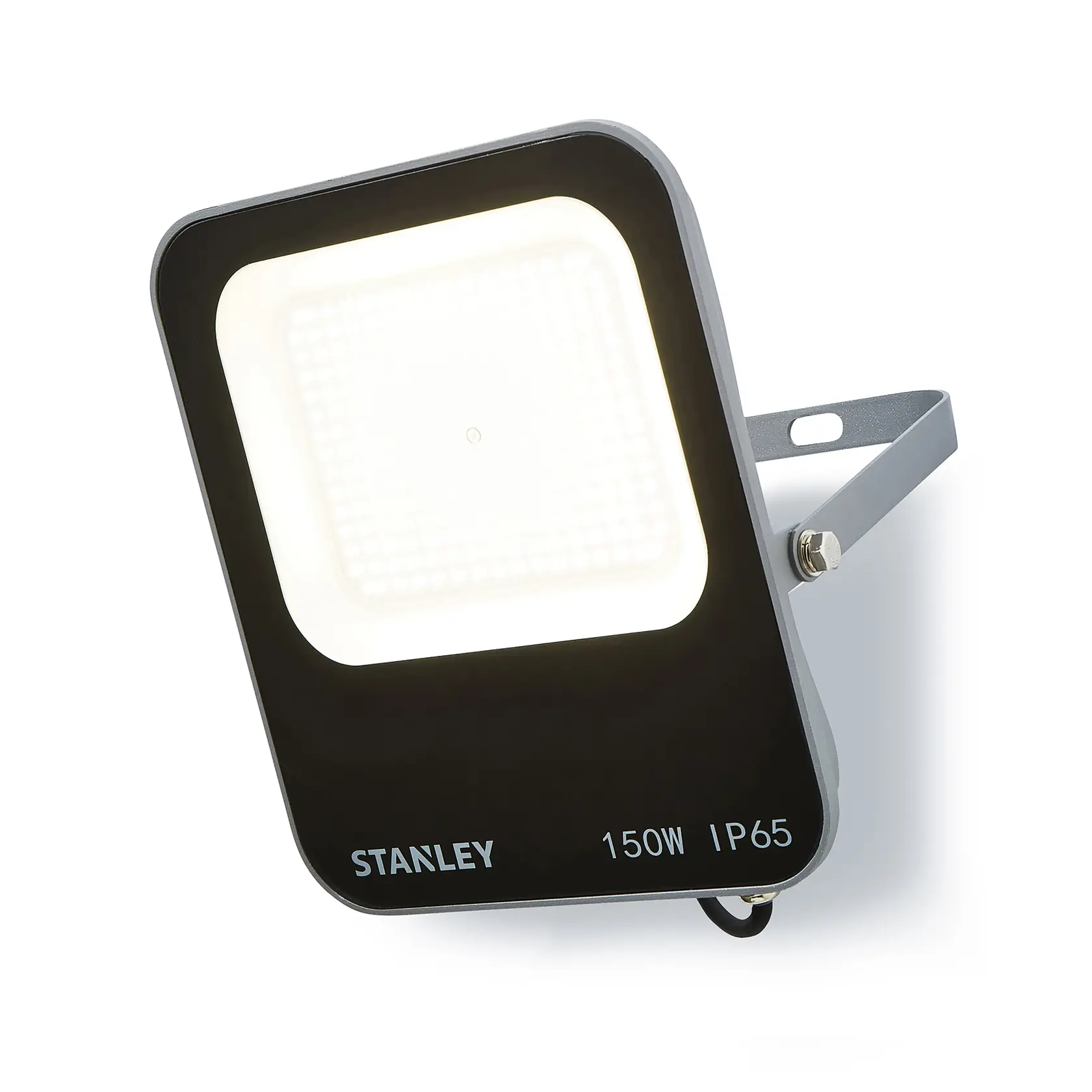 STANLEY SXLS38691E LED floodlight, black and gray, 150W, IP65 rating, front angle on white background.