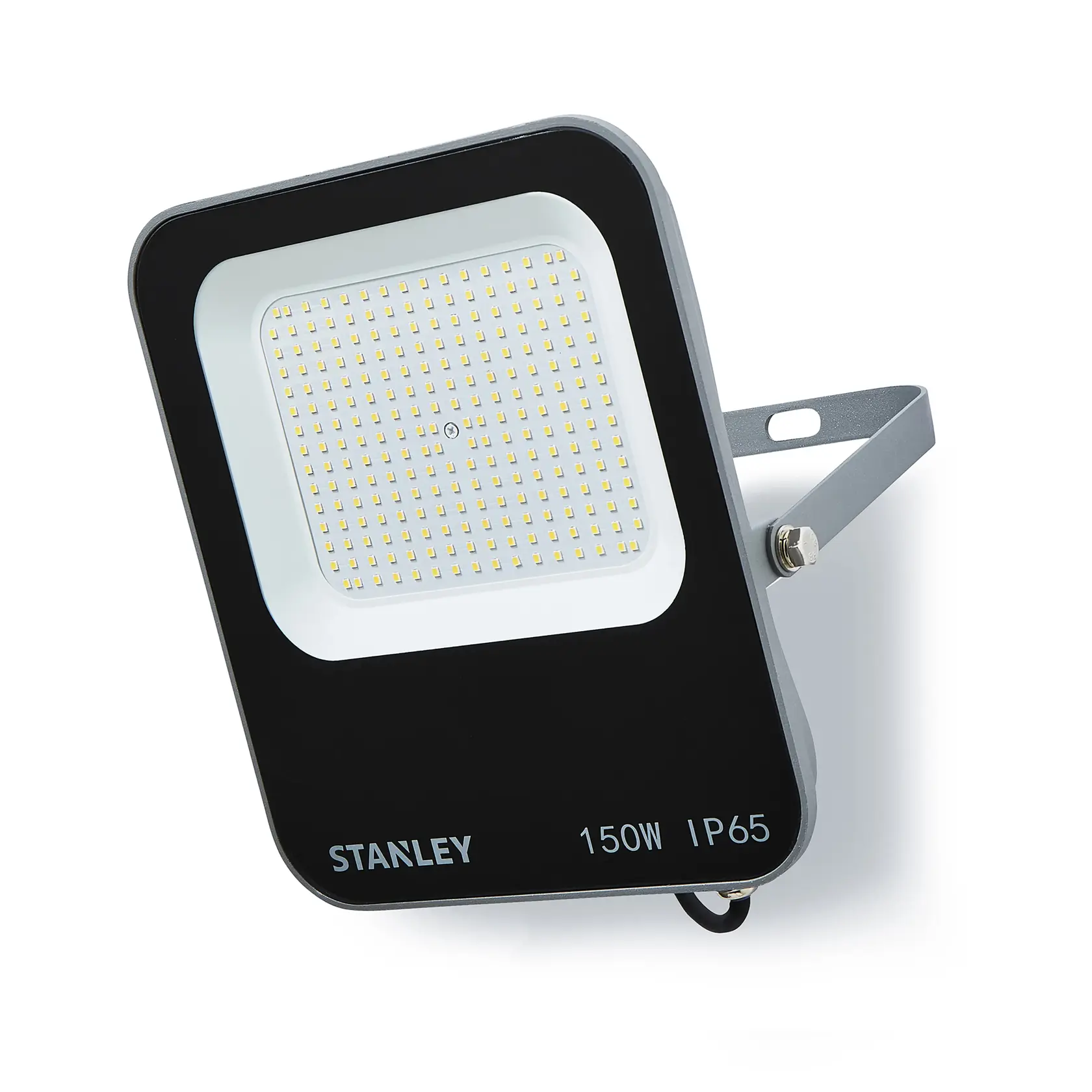 STANLEY SXLS38691E LED floodlight, black and white, 150W IP65, angled front view on white background.