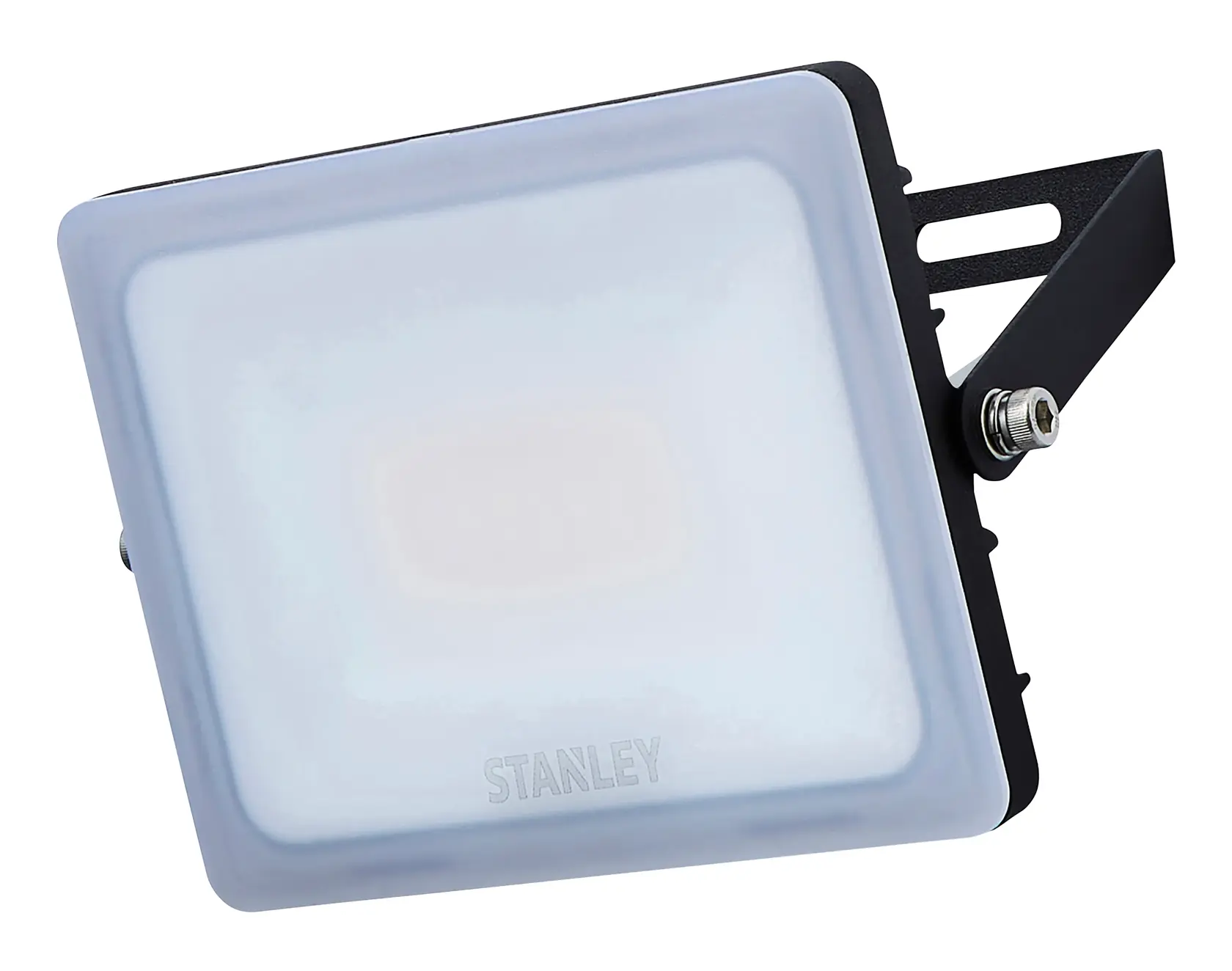 STANLEY SXLS38928E LED floodlight, square shape with frosted cover, side angle on white background.