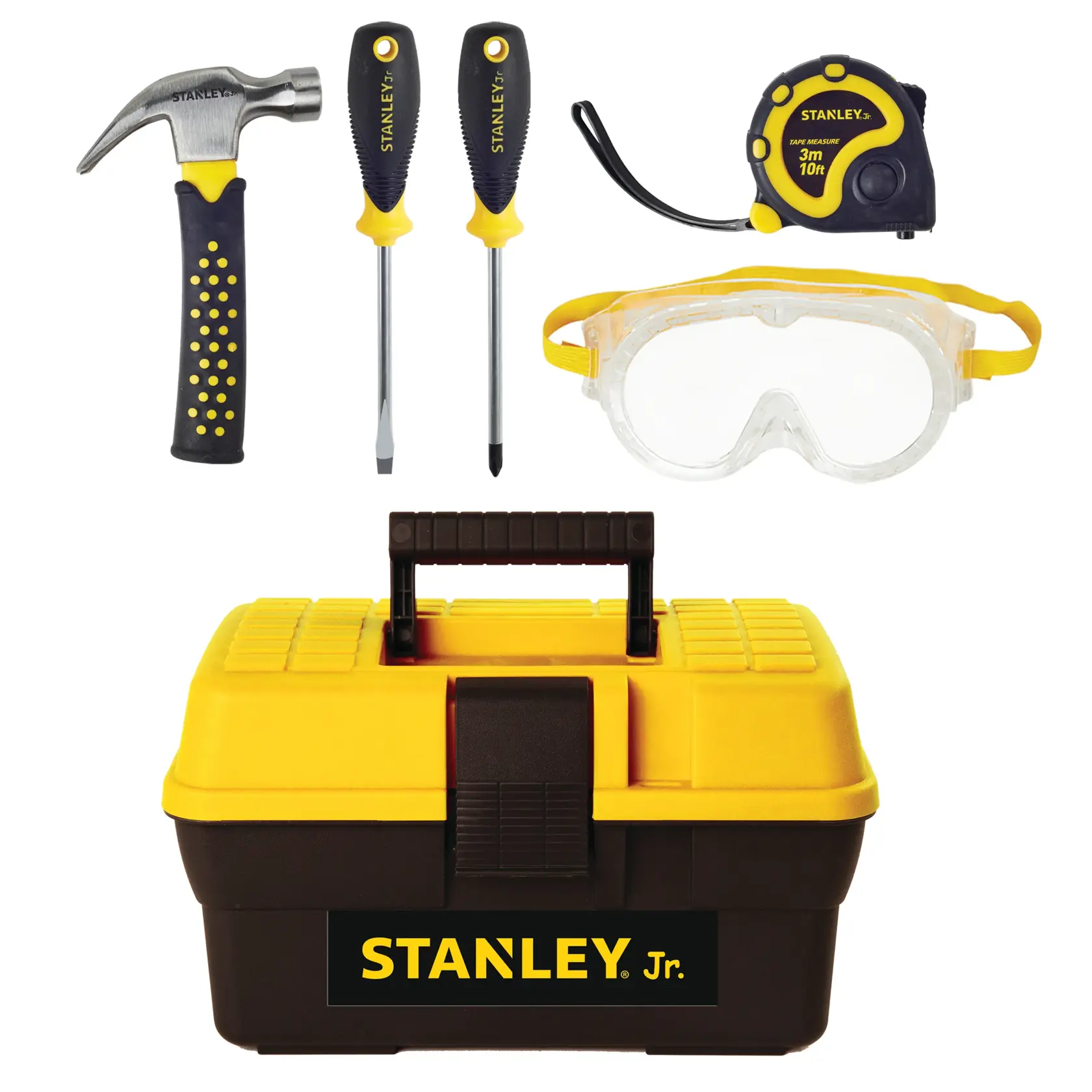 STANLEY TBS001-05-SY Jr. tool set with toolbox, hammer, screwdrivers, tape measure, and safety goggles, front view.