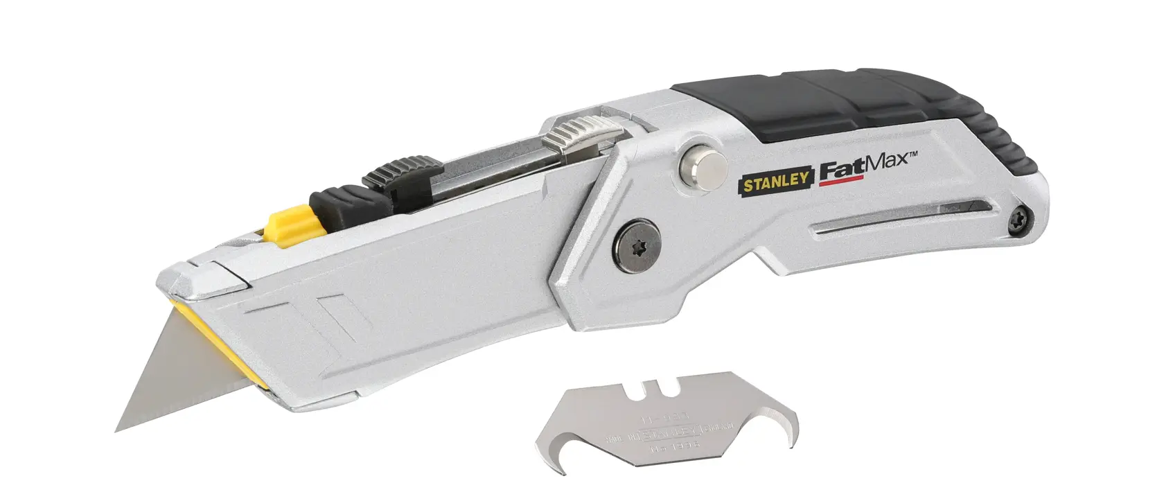 Photo of STANLEY XTHT0-10502 utility knife with silver body, black grip, yellow accents, and extra blade on white background.