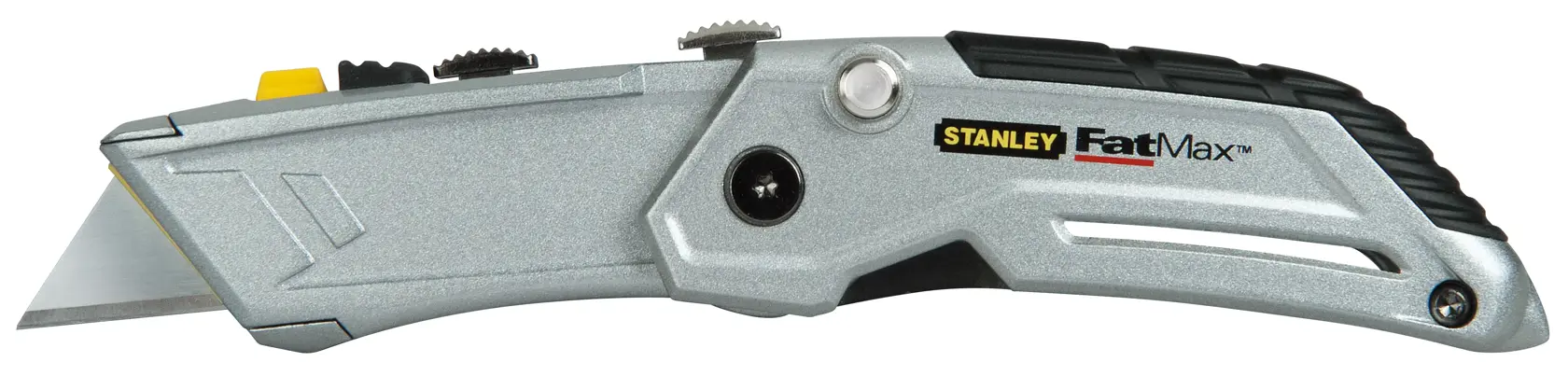 STANLEY XTHT0-10502 folding utility knife, silver with black grip, side angle on white background.