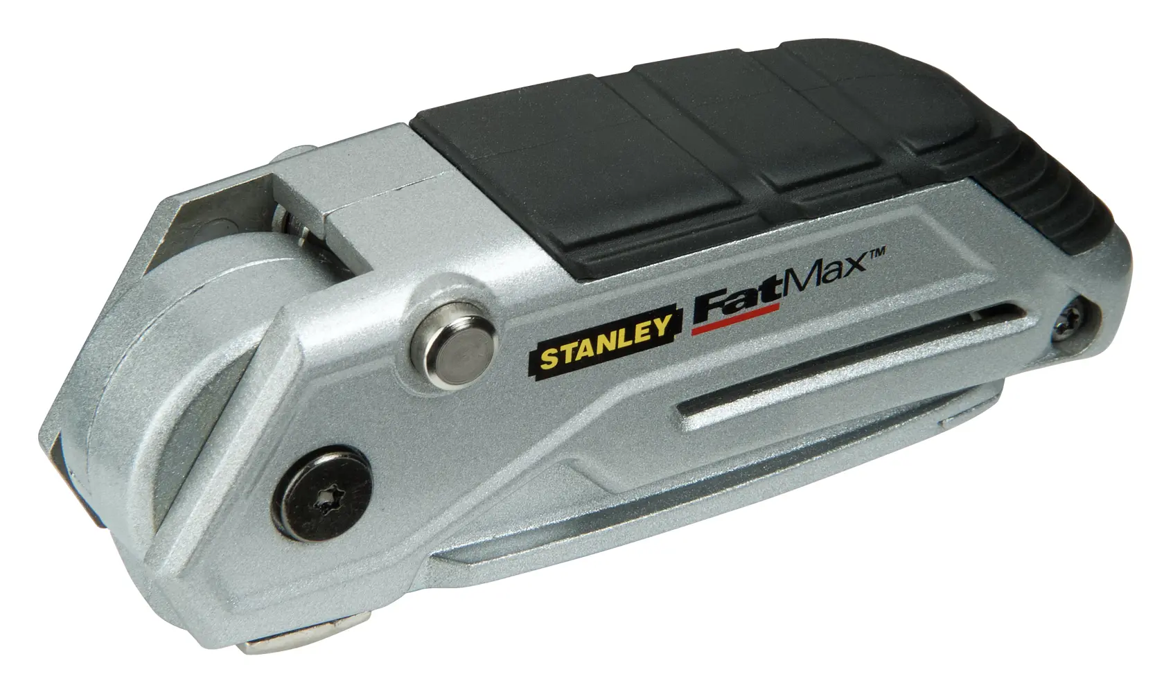 STANLEY XTHT0-10502 utility knife, silver and black, side angle on white background.