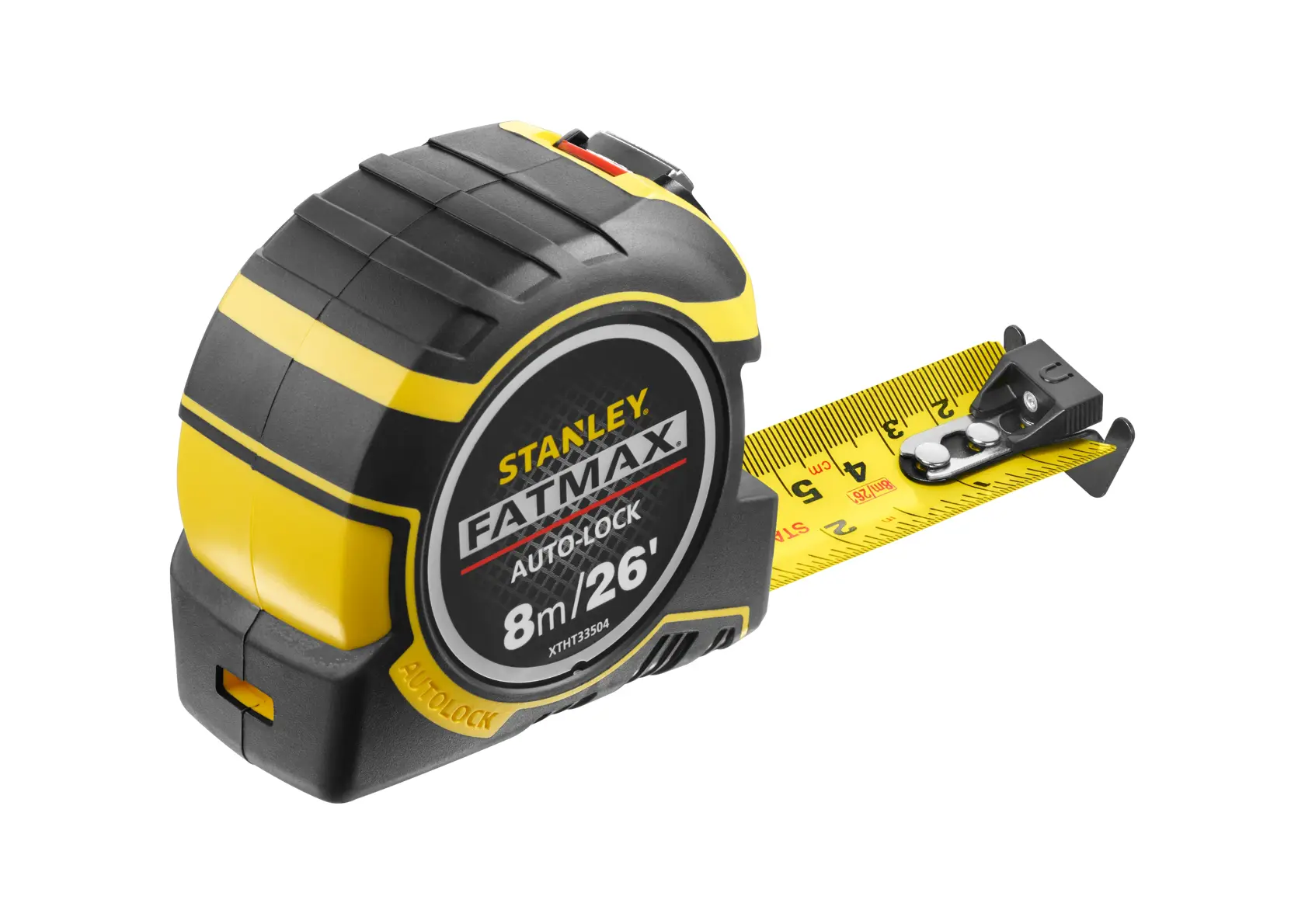 Stanley XTHT0-33504 FatMax tape measure, black and yellow, side angle on white background.