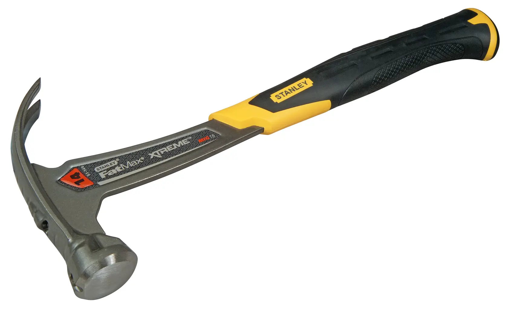 STANLEY XTHT1-51148 claw hammer, black and yellow handle, side angle photo on white background.