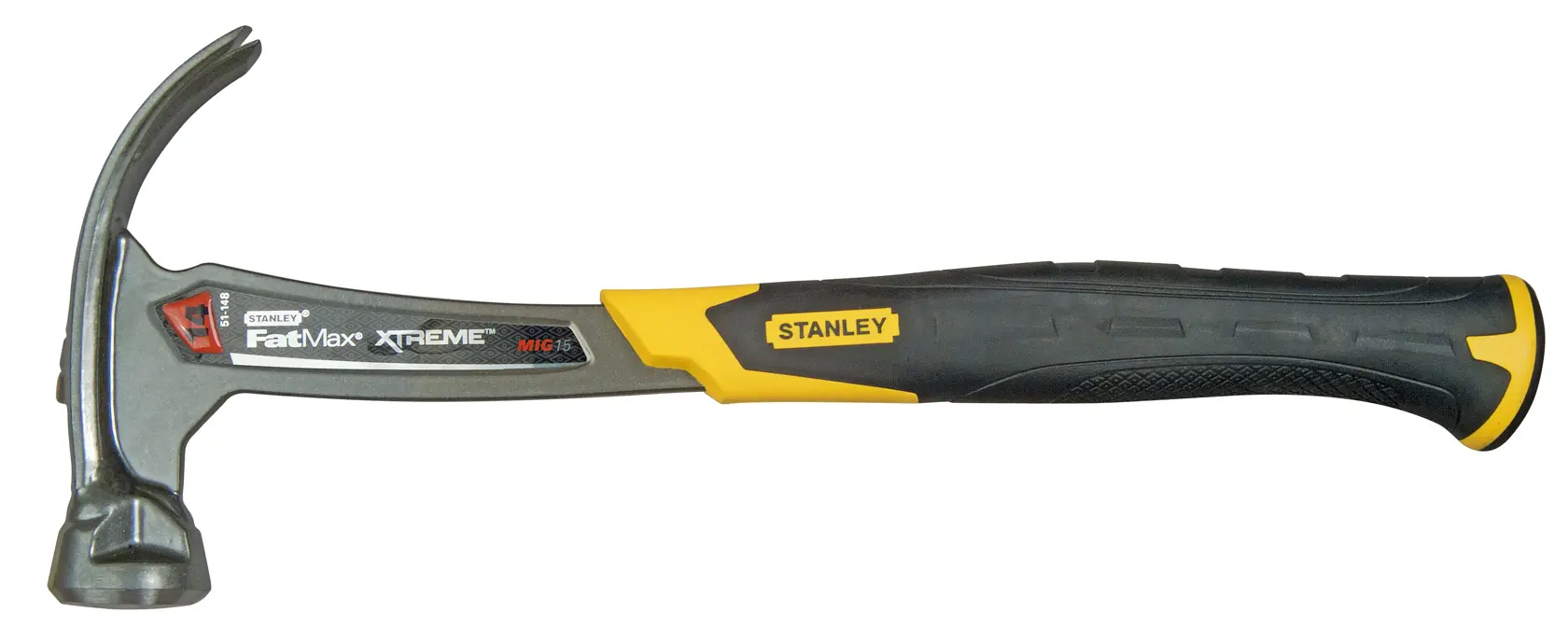 STANLEY XTHT1-51148 claw hammer, black and yellow handle, side angle, photography on white background.